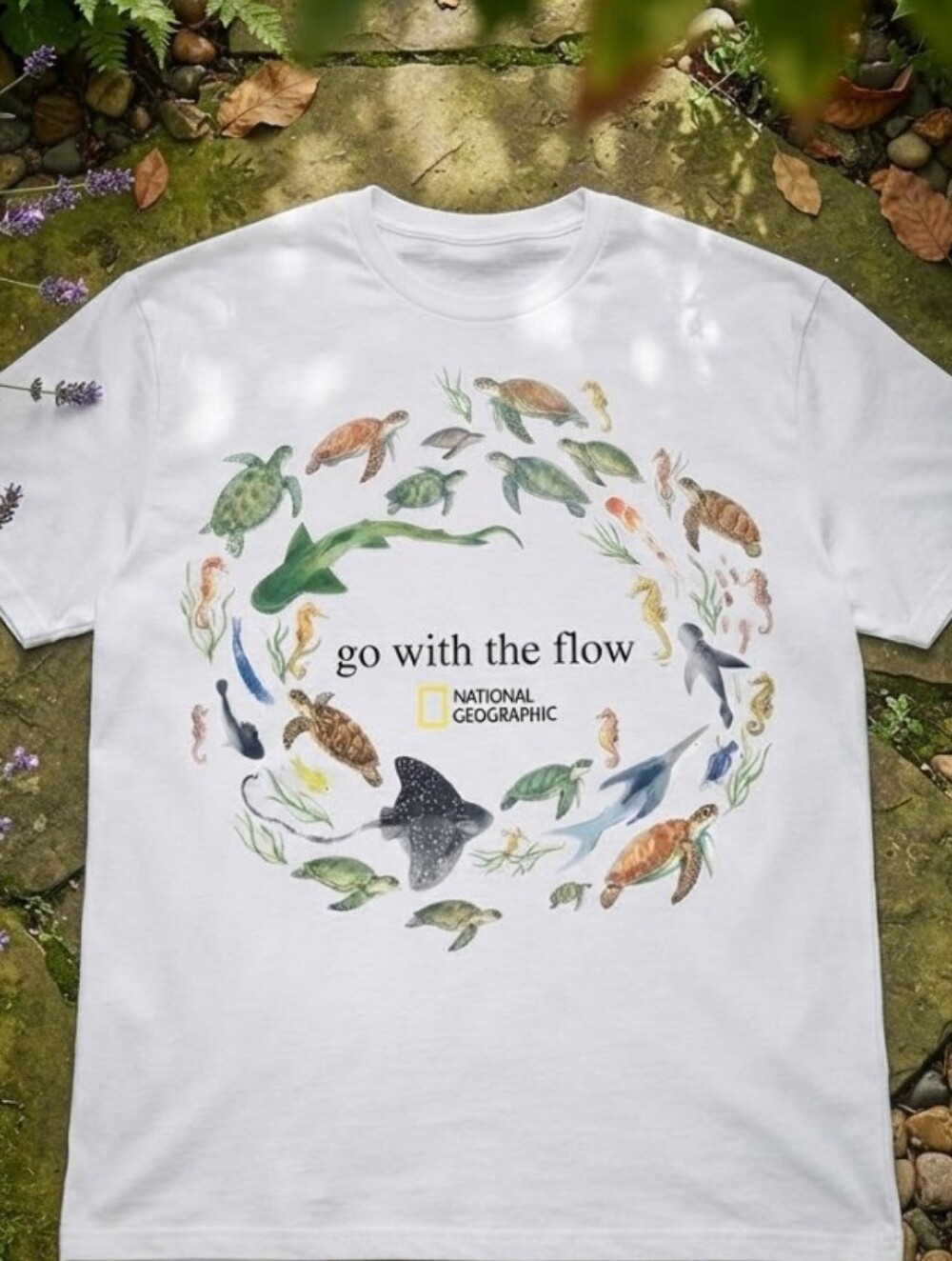 National Geographic Go With The Flow with graphic of sea turtles, sharks T-shirt